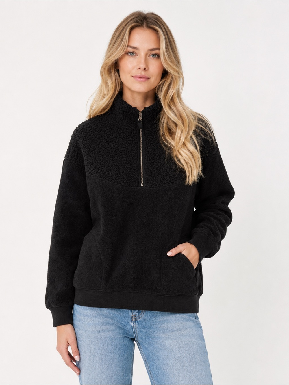 Aerie Black Sherpa Fleece Quarter Zip Pullover Oversized Cozy Sweater Size Small